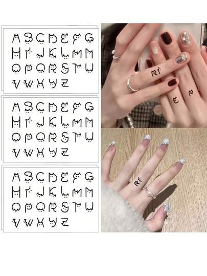 (10pcs) Cute Cat & 26 English Alphabet Temporary Tattoo Stickers, Cartoon Finger Tattoo Stickers For Couples