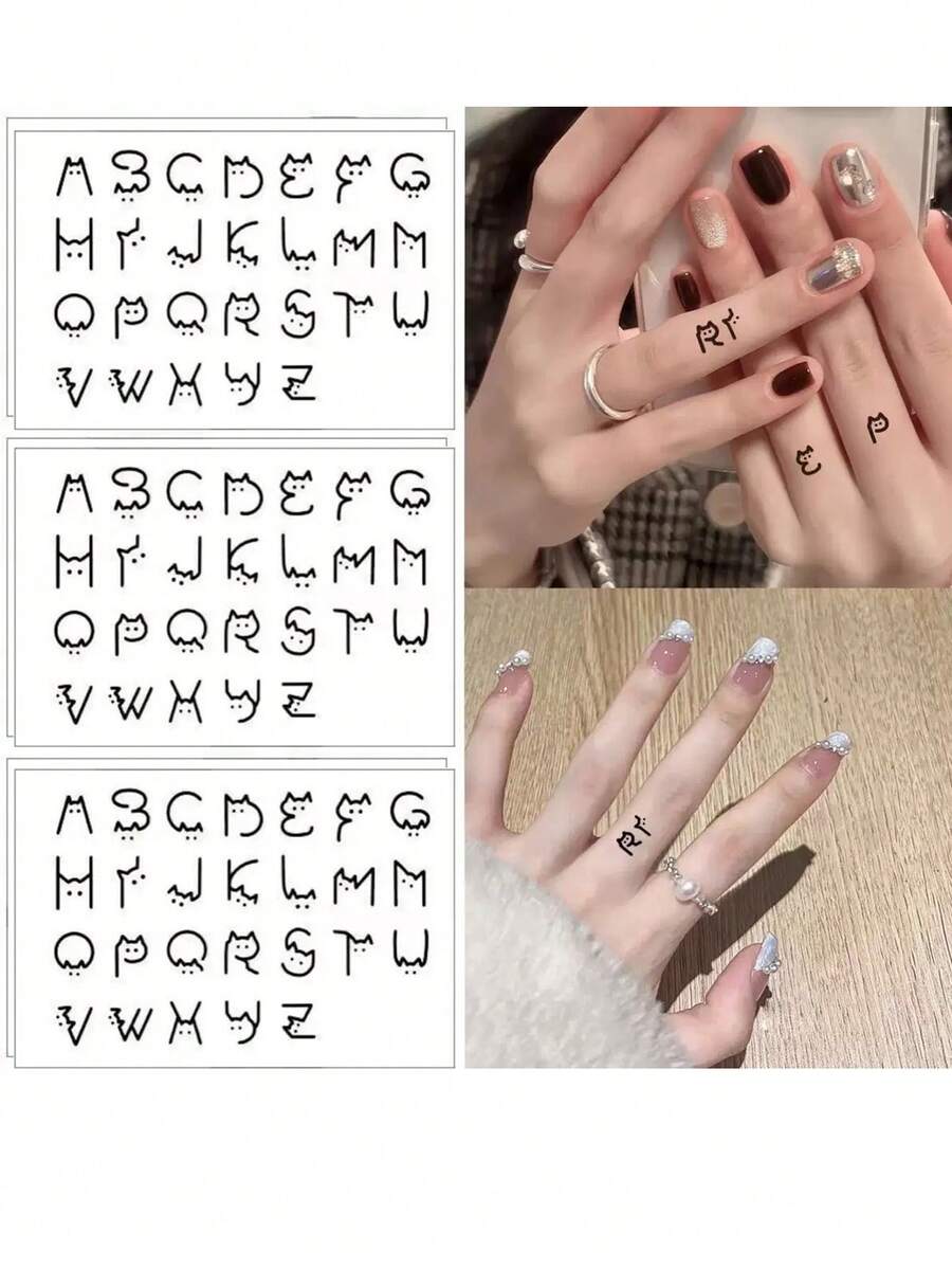 (10pcs) Cute Cat & 26 English Alphabet Temporary Tattoo Stickers, Cartoon Finger Tattoo Stickers For Couples - Black - View 1