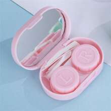 1pc Minimalist Lenses Case, Portable Dual-Compartment Case With Mirror, Cute Cartoon Design - Pink - View 1