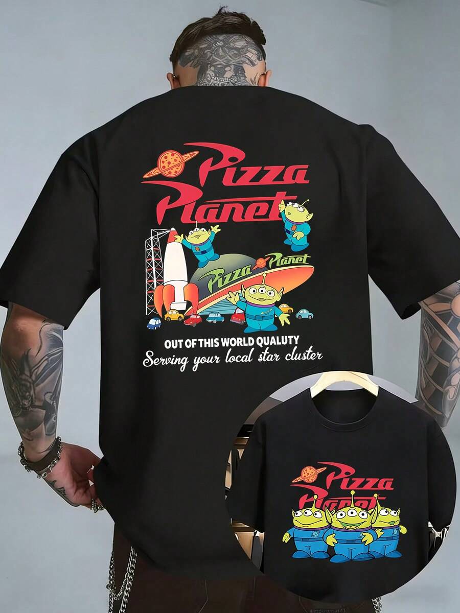 DISNEY Toy Story Men's T-Shirt - Pizza Planet & Three-Eyed Alien Print Retro Gaming Tee, Short Sleeve Crew Neck Casual Shirt With Iconic Graphics Suitable For Daily Wear, Machine Washable Apparel - 黑色 - 查看 1