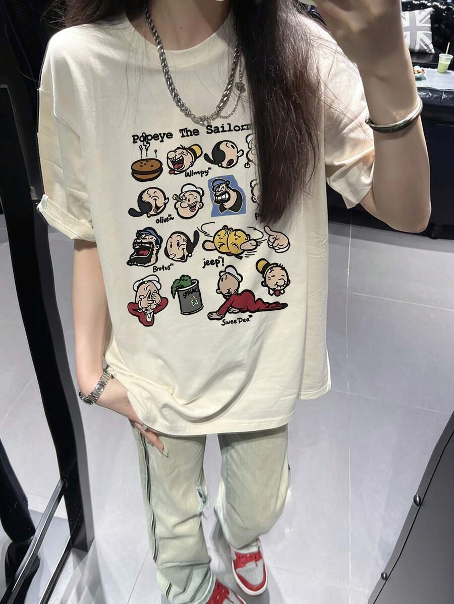 Áo thun ngắn tay in hình hoạt hình phong cách retro mới, thiết kế độc đáo, dáng ôm vừa vặn, thích hợp cho mùa hè. - Màu be - Xem 1