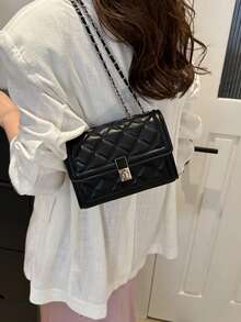 1pc Fashionable Solid Color Embossed Flap Chain Mini Shoulder Bag For Women - Black - View 2