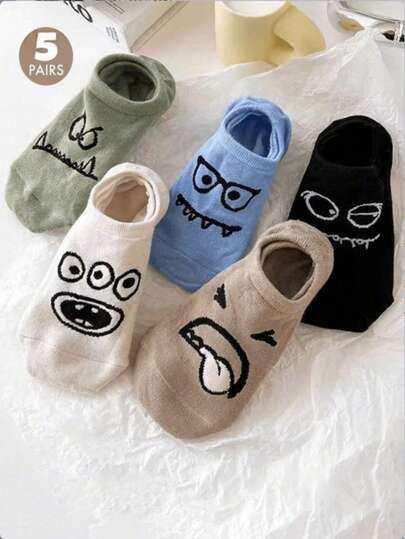 5 Pairs/Pack Cartoon Funny Pattern Women's Ankle Socks, Lightweight & Breathable, Low-Cut Hidden Socks, Cute & Interesting Designs Including Big Mouth, Monsters, Suitable For Spring, Summer, Autumn, Winter, Versatile Daily Wear, Great Gift For Valentine's Day, Halloween, Christmas, Back To School, Travel