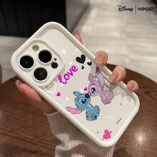 MINISO X Disney Stitch & Angel "Love" Couple Imitation Liquid Printed Phone Case Compatible With IPhone 17/17 Pro/17 Pro Max/17 Air/16/15/14/13/12/11/X Series Iphone 17 Pro Max Case Iphone 17 Pro Case Iphone 17 Case Stocking Stuffers The Girlfriend - White - View 1
