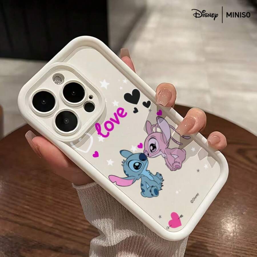MINISO X Disney Stitch & Angel "Love" Couple Imitation Liquid Printed Phone Case Compatible With IPhone 17/17 Pro/17 Pro Max/17 Air/16/15/14/13/12/11/X Series Iphone 17 Pro Max Case Iphone 17 Pro Case Iphone 17 Case Stocking Stuffers The Girlfriend - White - View 1