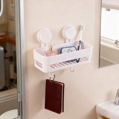 1个带吸盘的浴室置物架 | 可拆卸浴室收纳架，无需钻孔，粘胶固定，最大承重22磅，防水，浴室墙面塑料收纳篮，白色