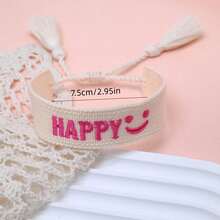 1 pieza Pulsera tejida con cara sonriente "FELIZ" hecha a mano, regalo de fiesta minimalista vintage y lindo, accesorio bohemio para vacaciones y viajes - Albaricoque - Ver 5