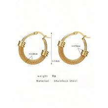 1pair Vintage Stainless Steel Round Hoop Earrings For Women With Geometric Metal Pendant, Fashion Jewelry Gift - Gold - View 5