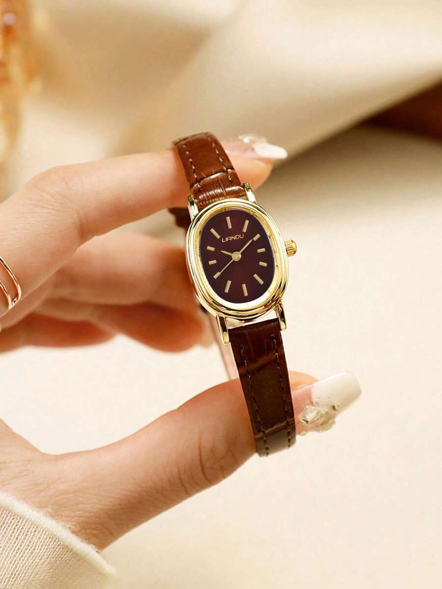LIANDU LIANDU 1pc Vintage Fashionable Minimalist Casual Women's Wrist Watch, Oval Case, PU Strap, Delicate Small Dial With Rhinestone Decor, Elegant & Charming, Suitable For Daily Wear, Birthday Gift, Party, Holiday Gathering, Ideal Choice For Yourself Or Friends - màu nâu - Xem 1