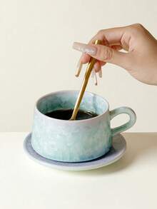 1 Set Crystalline Glaze Ceramic Coffee Cup & Saucer, Household Water/Coffee Mug, Japanese Retro Coarse Pottery Latte Cup, Elegant Coffee/Afternoon Tea Cup, Office Personal Coffee Cup, Breakfast Milk Cup, Gift - Multicolor - View 5