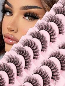 10对俄罗斯条纹蓬松猫眼假睫毛，D卷度，浓密凌乱仿貂毛假睫毛，适用于化妆，条状假睫毛，睫毛，假睫毛，假睫毛，可重复使用，日常化妆工具 - 查看 2