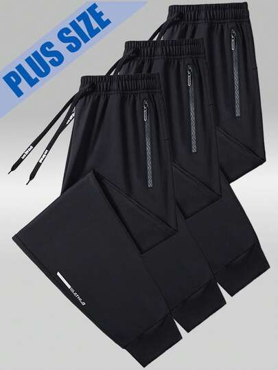 Plus Size Men's Sports Pants With Zipper Pockets And Drawstring Waist, Suitable For Outdoor Running In Spring/Summer Plus Size Casual Knit Cropped Pants, Suitable For Early Spring/Summer Wear. Valentine's Day Gift