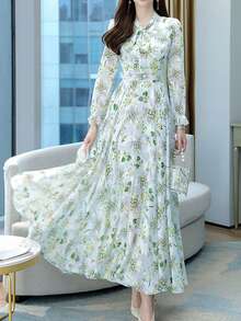 Women's Floral Print Dress - Long Sleeve Waist Cinched Slim Fit, Spring Autumn Fairy Elegant Vacation Midi Dress, Arabic Elegant Style, All Season Daily Wear - 白色 - 查看 5