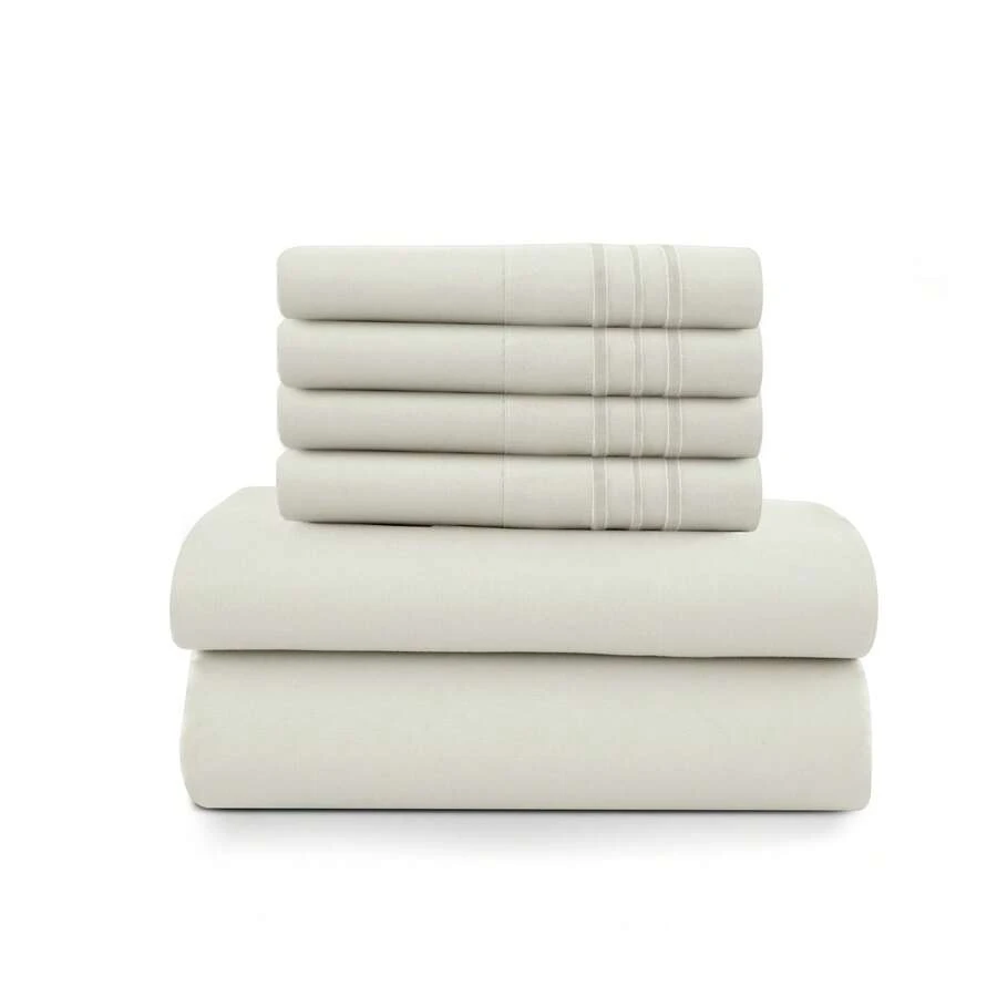 LUX DECOR 6-Piece Embroidered Bed Sheet Set – Brushed Microfiber Material, Deep Pocket Design, Lightweight & Breathable For Everyday Use – Graduation Gifts, Home Decor, Winter Vibes, Sleep Protection For Dorms, Student Beds, Back‑To‑School Gift, Christmas Decor, New Year Vibes - 米白色 - 查看 1
