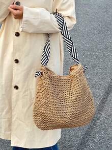手工编织草编包，法式小众设计，ins风沙滩包，多功能通勤包，夏季单肩包 - 卡其色 - 查看 2
