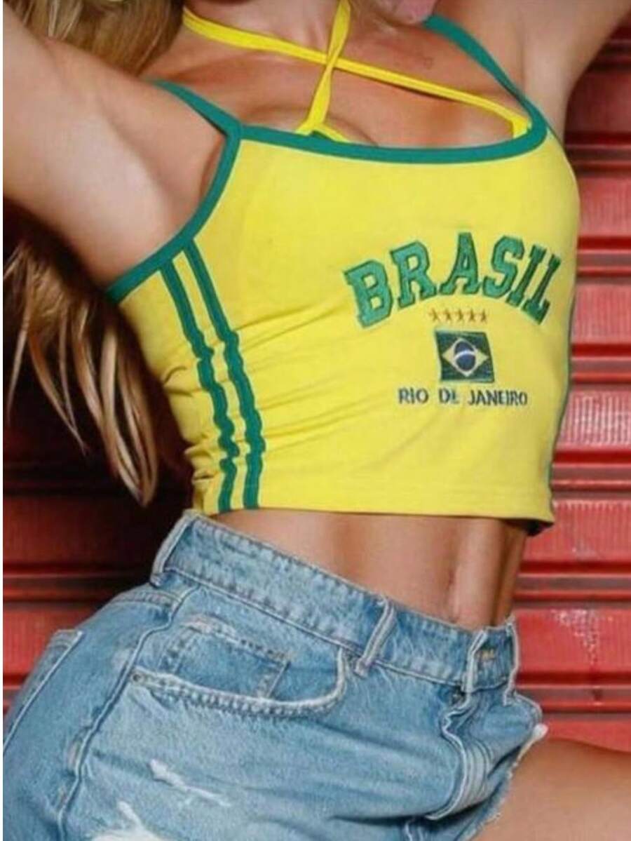 Cropped Top Brazil Women's – Virginia Inspiration | Premium Ribbed Knit | One Size Fits 36 To 42 - Vàng và Xanh lá - Xem 1