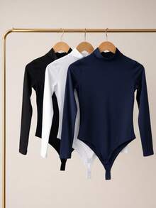 Women's Bodysuit Kit, High Neck, Long Sleeve, Second Skin, Basic, Versatile, Fashion Blogger Style, - XANH NAVY-ĐEN-TRẮNG - Xem 1