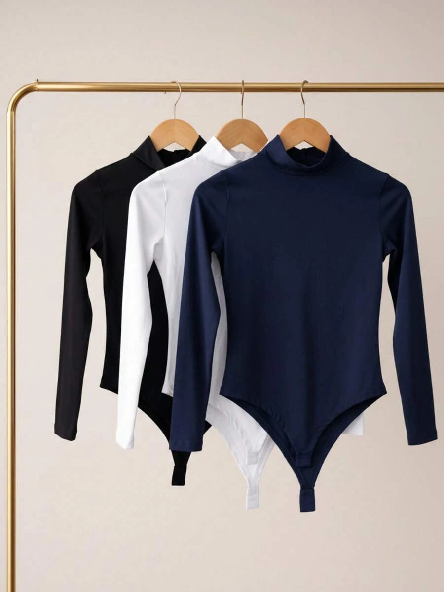 Women's Bodysuit Kit, High Neck, Long Sleeve, Second Skin, Basic, Versatile, Fashion Blogger Style, - XANH NAVY-ĐEN-TRẮNG - Xem 1