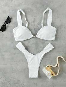 新款奢华时尚比基尼，撞色设计，性感休闲优雅，金属环装饰，撞色滚边，适合海滩、度假、派对等场合。 - 白色 - 查看 2