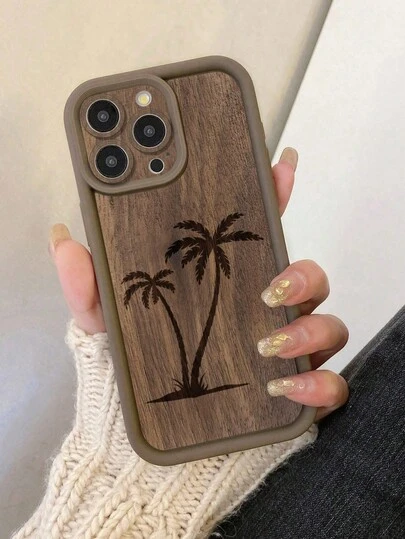 Coconut Tree Painted Recessed Brown Thickened Precision Hole Minimalist Anti-Drop Thick Phone Protective Case, Suitable For IPhone 17/17 Pro Max, 16/16 Pro/16 Pro Max, 16 Plus, 15 XR/7/8, 15 Pro Max, 12 Pro Max, 13 Pro Max, 14 Pro Max, 13, 14, 11, 12, 14 Plus,