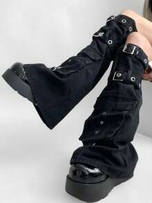 polve 1 Pair Personalized Black Multi-Pocket Reinforced Leg Warmers, Drawstring Y2K Heavy-Duty Design Sexy Bell-Bottom Leg Warmers - Black (suitable for Calf Circumference Up to 38cm) - View 4