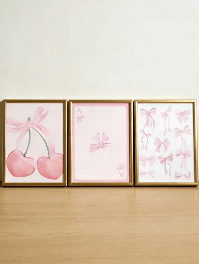 6件套粉色蝴蝶结墙饰（无框），适用于粉色公主房墙面装饰，粉色樱桃蝴蝶结纸质海报墙面装饰，带丝带蝴蝶装饰，适合粉色婴儿房装饰、粉色婴儿房墙面装饰、卧室、客厅或女孩房装饰。