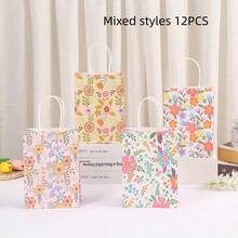 12个带手柄的复古花卉礼品袋，适用于节日派对礼物的杂货店购物手提袋，糖果袋，婚礼派对礼物，外出购物袋，商店纸袋，服装包装袋 - 彩色 - 查看 12