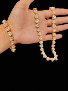 Unisex Hip-Hop Heart Necklace, 10mm Heart-Shaped Crystal Pendant Necklace, Fashionable Classic Retro Punk Necklace, Women's Necklace Jewelry Set, Suitable For Party Or Daily Wear, Valentine's Day Gift - Yellow Gold - View 9