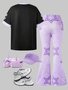 8-12 Jahre Mädchen süß & cool 2-teiliges Set, lila & schwarzes Patchwork bedrucktes Rundhals T-Shirt Top und lässige ausgestellte Hose, minimalistischer stilvoller Sommer-Outfit - Schwarz - Übersicht 3