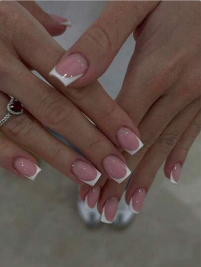 24pcs Set, Instantly Upgrade Your Manicure! Medium Square Nail Stickers - Nude French Pink & White Nails, Includes 1 Glue Bottle And 1 Nail File, Suitable For Summer Wear, Suitable For Women And Girls For Daily Wear, Also Suitable For Parties And Dances, Nail Care Products