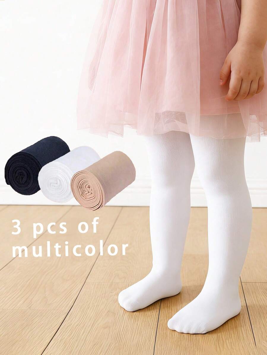 3 Pairs Baby Girls' Solid Color Velvet Leggings, Soft, Snag-Resistant, High Elasticity Tights