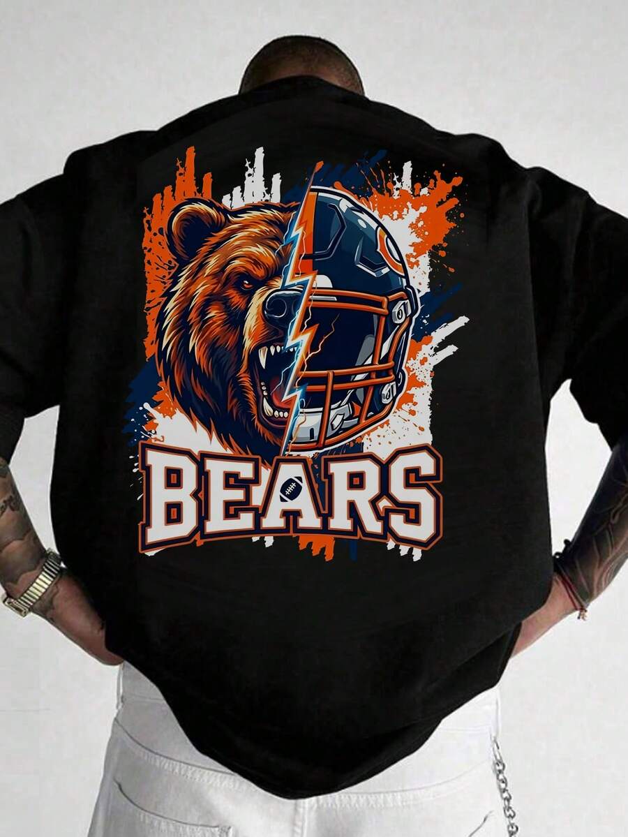 American Football Team Slogan Print Men's Fashion Graphic Round Neck Short Sleeve T-Shirt - Black - View 1