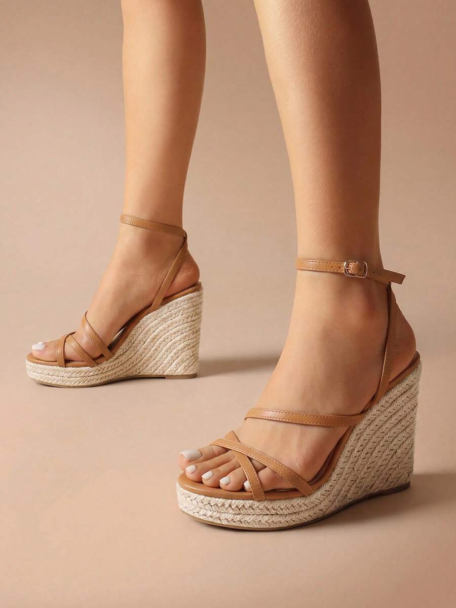 Sandalias de cuña para mujer, plataforma, punta abierta, elegante, cómodas, con tiras, tipo alpargata, con hebilla y correa de tobillo, zapatos de verano - Camel - Ver 1