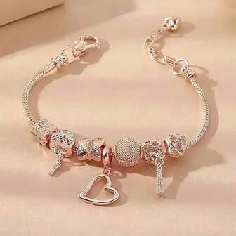 1件装时尚个性化心形水钻蝴蝶串珠铜手链，优雅女士配饰