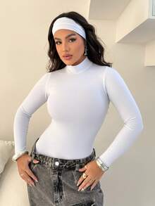 Women's Bodysuit Kit, High Neck, Long Sleeve, Second Skin, Basic, Versatile, Fashion Blogger Style, - GRAY-cOFFEE-wHITE - View 5