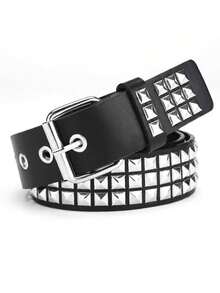 1件男女通用纯色朋克摇滚铆钉亮片水晶装饰腰带，适合青少年、休闲、户外、运动、度假、旅行、毕业典礼、生日、日常穿着 - 黑色 - 查看 2
