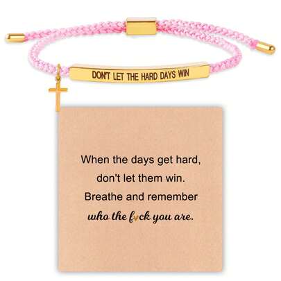 DON'T LET THE HARD DAYS WIN Unisex Inspirational Engraved Bracelet + Easter Cross Bless Bracelet Pink & Black Couple's Lucky Bracelet Adjustable Braided Cross Bracelet Christian Faith Birthday Holiday Gift Jewelry