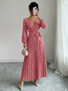 Spring Fall Polka Dot Wrap Dress Women's V-Neck Long Sleeve Pleated Tie Front Flounce Hem Elegant Midi Dress - Hồng - Xem 2