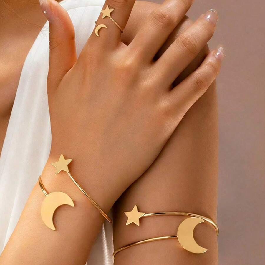2件套星月造型金色金属手镯戒指套装，简约经典奢华风格，适合派对和节日佩戴 - 金黃色 三件式套裝 - 查看 1