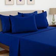LUX DECOR 6-Piece Embroidered Bed Sheet Set – Brushed Microfiber Material, Deep Pocket Design, Lightweight & Breathable For Everyday Use – Graduation Gifts, Home Decor, Winter Vibes, Sleep Protection For Dorms, Student Beds, Back‑To‑School Gift, Christmas Decor, New Year Vibes - 寶藍色 - 查看 2
