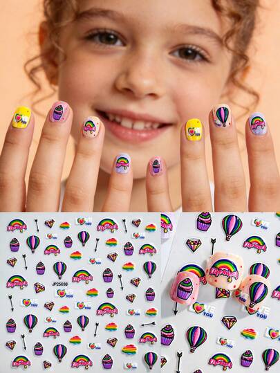 1 ark söta och livfulla nagelklistermärken för barn - med regnbågar, "Dreamer"-bokstäver, cupcakes, luftballonger, "LOVE YOU"-hjärtan, diamanter och pilar, livlig och härlig stil, lämplig för födelsedagskalas, daglig lek, vårsammankomster, lätt att applicera och ta bort, perfekt för söt och personlig nageldekoration för barn