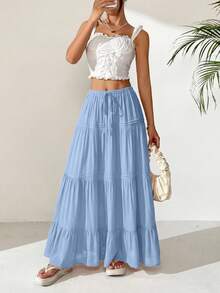 Women Casual Elastic High Waist Drawstring Pleated Layered Flowy Long Skirt Summer Boho Beach Vacation Holiday Going Out Valentine Maxi Skirt Outfits - 藍色 - 查看 4
