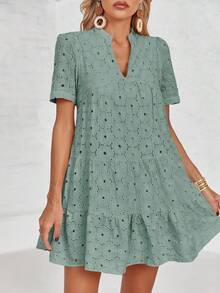 Women's Summer Lace Eyelet Dress Flowy Babydoll Swing V Neck Tunic Short Sleeve Dress - Light Green - View 2