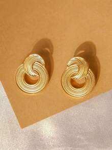 Mazuer 1 Pair Vintage 18K Gold Plated Textured Moon Hoop Drop Earrings, Stainless Steel Jewelry For Women, Suitable For Party, Commute, And Dating - Yellow Gold - View 2
