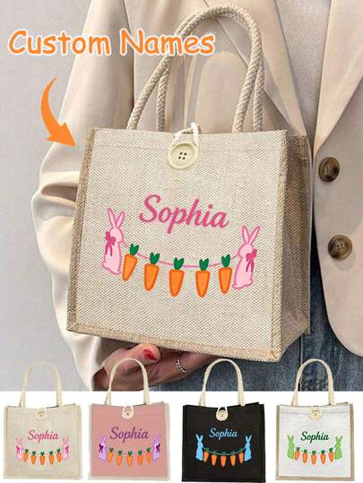 1pc Customizable Easter Party Linen Tote Bag, Customizable Easter Bunny Pattern Tote Bag, Customizable Name Logo Canvas Bag, Minimalist Large Capacity Tote Bag, Portable Casual Storage Tote Bag, Multifunctional Shopping Bag, Personalized Gift Bag, Suitable For Weddings, Birthdays, Beaches, Holidays, Great Gift For Ladies, Teachers, Friends, Bridesmaids, Easter Egg Bag, Creating Easter Atmosphere
