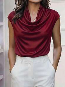 Women's Knit Cowl Neck Cap Sleeve Top, Minimalist Daily Commute - Burgundy - View 1