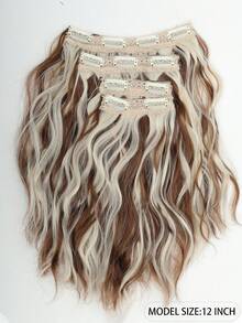 12 Inch Clip-In Hair Extensions, 4-Piece Wavy Wig, Additional Wig Extensions, Multiple Color Options, Suitable For Women To Wear,Hair Bulk Without Weft. - Platinum Highlights In Dark Brown - View 3