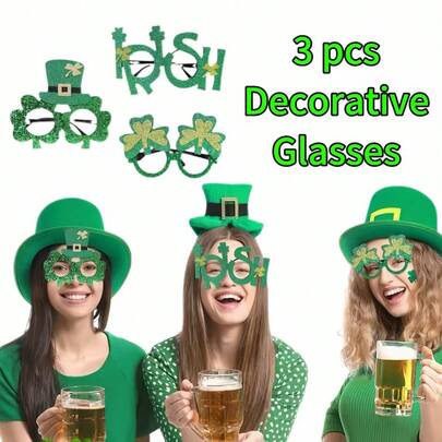3pcs St. Patrick's Day Party Decoration Glasses Set, Green Glitter Shamrock Crown Decorative Glasses, Suitable For Carnival Festival Party Performance Accessories Set, Suitable For All Ages