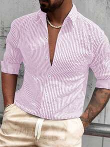 Camisa masculina casual minimalista de manga comprida com gola abotoada, distinta e confortável, peça essencial para primavera/outono, design simples. - Rosa - Ver 4