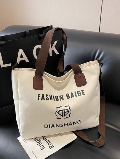 Letter Print Casual Shoulder Tote Bag, Contrast Color Large Capacity Student Handbag,